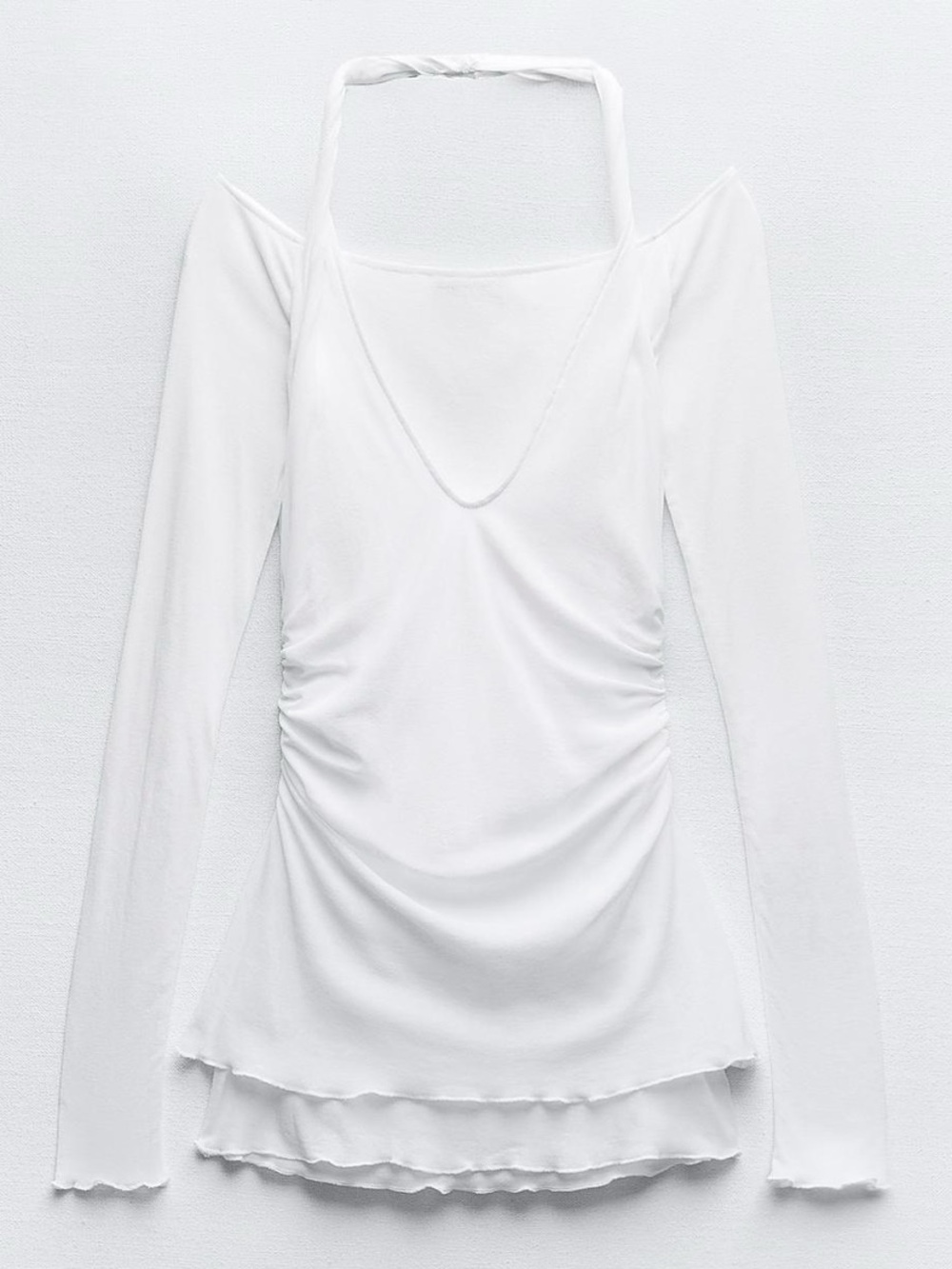 Zara White Long-Sleeve Ruched Halter Neck Top